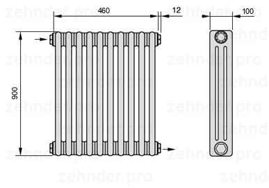 Схема (чертеж) Радиатор Zehnder Charleston 3090/10 №1670 Белый глянцевый RAL 9016